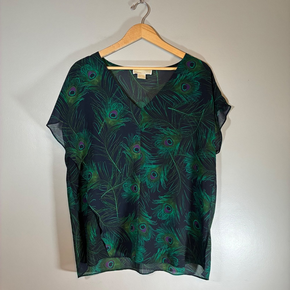Michael Michael Kors 1X Peacock Feather Print V-Neck Chiffon Blouse Navy Green